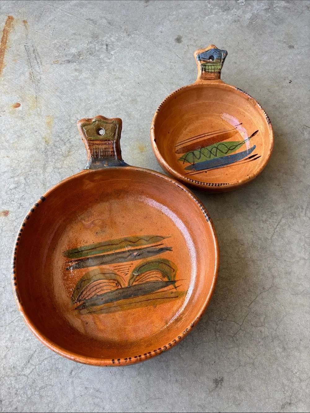 Vintage Mexican Handmade Terracotta cazuela de barro cooking skillets (Set of 2)